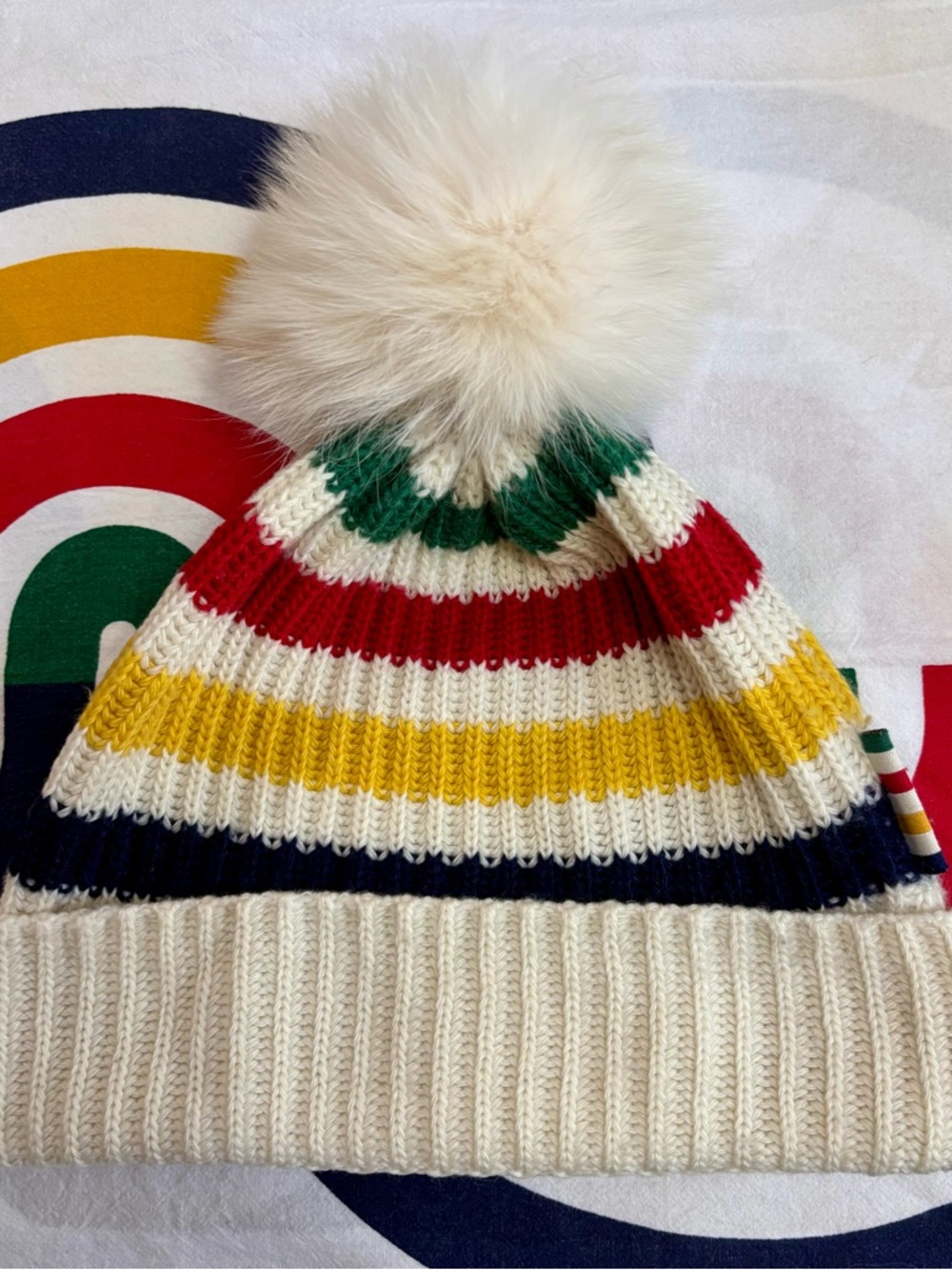 Hudson Bay Company FUR Pom Pom Multistripe Tuque 50% Wool 50% Acrylic. EUC